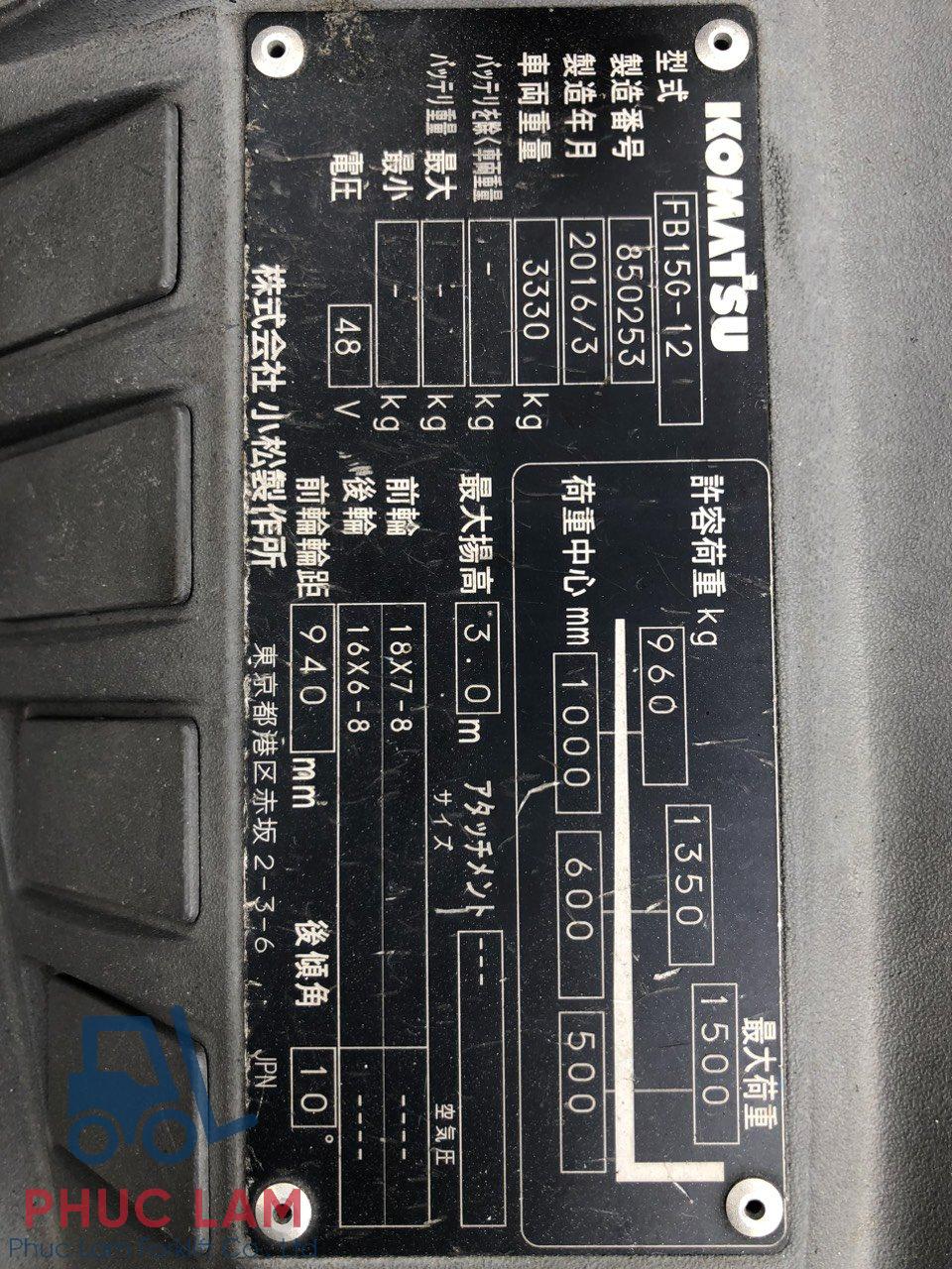 Xe nâng điện Komatsu 1.5 tấn FB15G-12 sx 2016